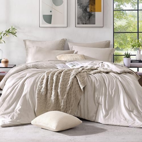 Monbix Queen Size Comforter Set 7 Pieces Oatmeal Beige Bed in a Bag by Monbix