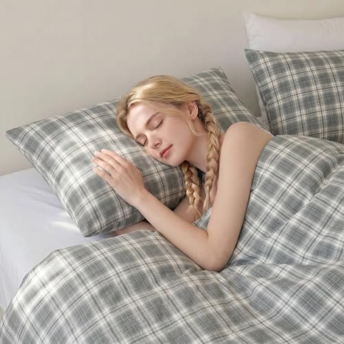 Merryword 100% Cotton Pillow Cases, Queen Size, Mist Gray Plaid Pillowcases - Image 6