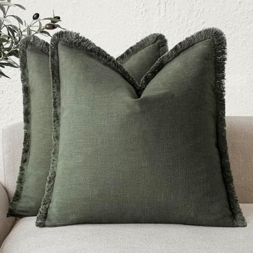 Foindtower Decorative Linen Fringe Throw Pillow Covers 24×24 Dark Green by Foindtower