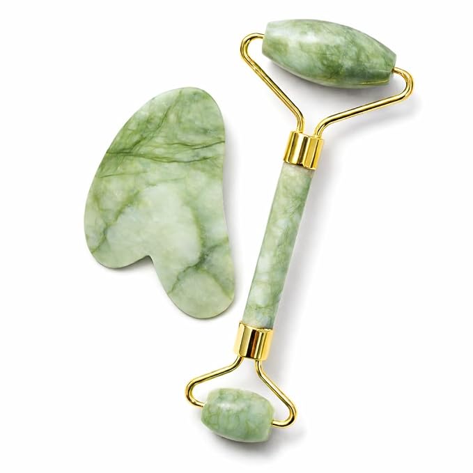 Jade Roller and Gua Sha Set, Natural Jade Stone Facial Massage Tools by XUYUNatural