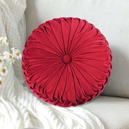HIG Set of 2 Red Velvet Decorative Round Pleated Throw Pillows - Image 2