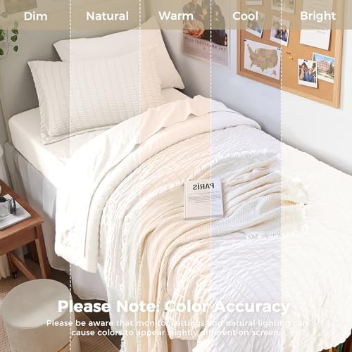 HYMOKEGE Ivory Twin XL Comforter Set Seersucker 5 Pieces, All Season Luxury Bed - Image 3