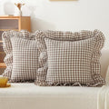 Gingham Throw Pillow Covers 22 x22, Warm Taupe/White, Ruffle Trim by Jilboo