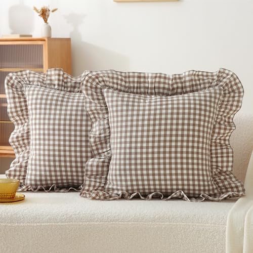 Gingham Throw Pillow Covers 18x18, Warm Taupe/White, Ruffle Trim by Jilboo