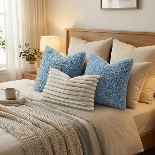 decorUhome Sherpa Decorative Throw Pillow Covers 16x16 Set of 2 Light Blue - Image 7