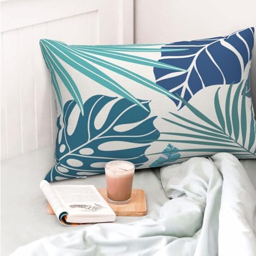 Tropical Pillow Covers 12x20 Set of 2 Navy Blue Aqua Teal Monstera Palm Leaf - Image 2