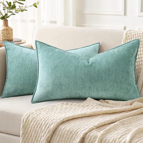 decorUhome Chenille Aqua Haze Velvet Throw Pillow Covers 12x20 Set of 2 by decorUhome