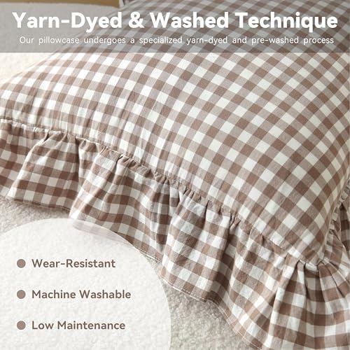 Gingham Throw Pillow Covers 20x20, Warm Taupe/White, Ruffle Trim - Image 4