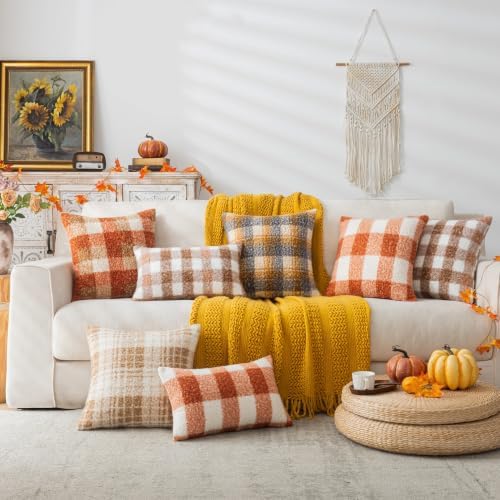 AQOTHES Plaid Fall Throw Pillow Covers Orange Write 18x18 Inch Set of 2 - Image 4