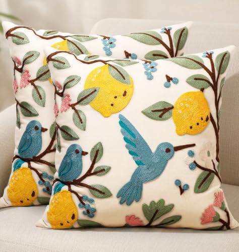 Embroidered Throw Pillow Covers 18x18 Inch, Bird Lemon by Kokaaee