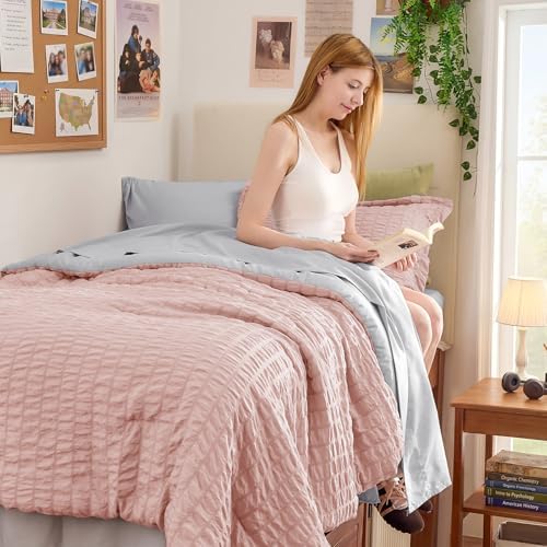 HYMOKEGE Rose Gold/Light Grey Twin XL Comforter Set Seersucker 5 Pieces - Image 3