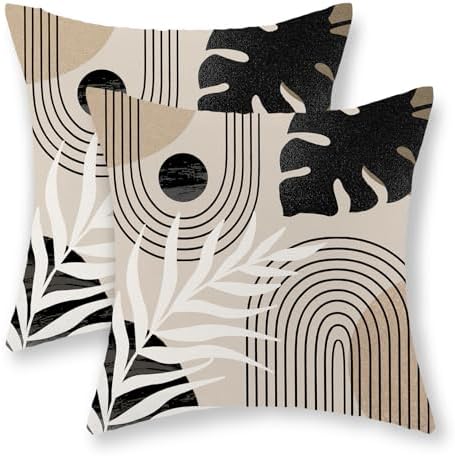 Boho Black Pillow Covers 18x18 Inch Set of 2 Black BeigeTropical Leaf Decor Mid by GOLIANDA