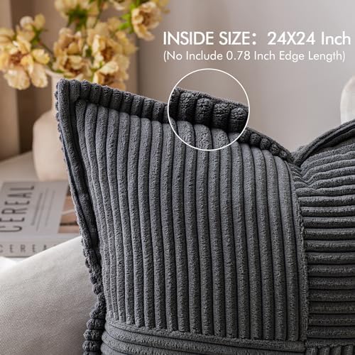 MIULEE Dark Grey Corduroy Decorative Euro Sham Pillow Covers 24x24 Inch - Image 2