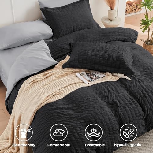 HYMOKEGE Black/Light Grey Full Size Comforter Sets Seersucker 7 Pieces - Image 3