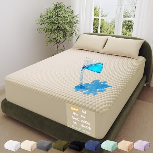 OhGeni 100% Waterproof Mattress Protector, Queen Size Beige Soft Bamboo Viscose by OhGeni