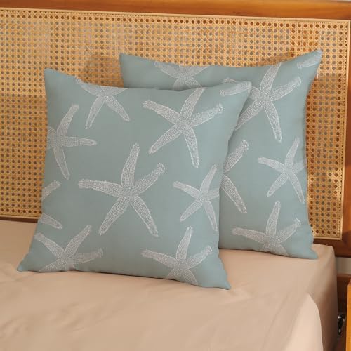 Seafoam Blue Starfish Pillow Covers 18x18 Inch Set of 2 Coastal Throw Pillows - Image 2