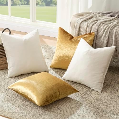 GIGIZAZA Pack of 4 Decorative Velvet Pillow Covers 20x20 Ivory Gold - Image 6