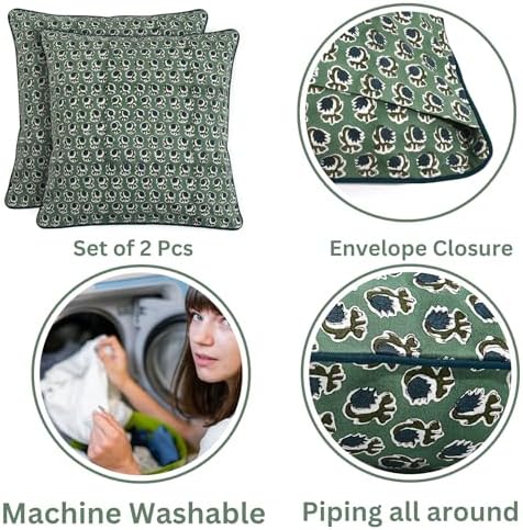 Ridhi Block Print Basil Green Pillow Cover 20" x 20" Decorative Couch Pillows - Image 3