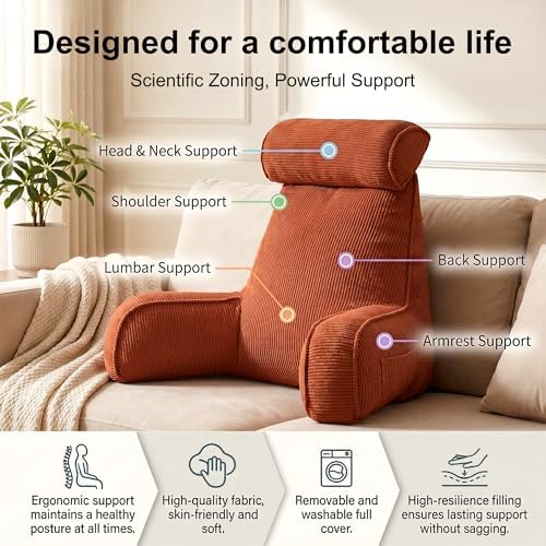 Pillow with Arms for Sitting Up in Bed, Reading Backrest Pillow, Corduroy Back - Image 3