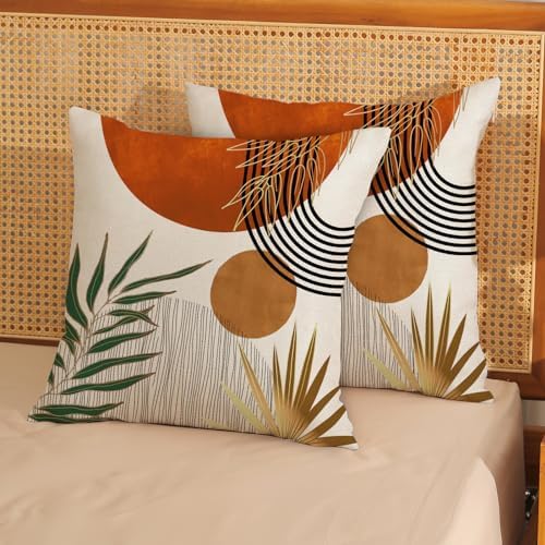 Boho Pillow Covers 18x18 Set of 2 Green Gold Orange Throw Pillows Tropical - Image 2
