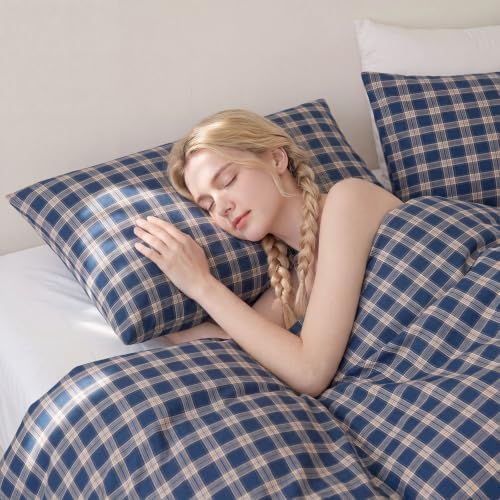 Merryword 100% Cotton Pillow Cases, Queen Size, Washed Cotton Deep Blue Plaid - Image 6