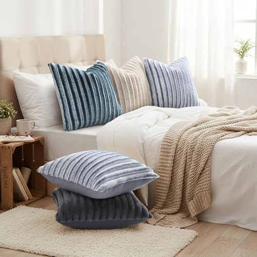 decorUhome Fall Faux Fur Throw Pillow Covers 26x26 Set of 2 Blue Grey - Image 6
