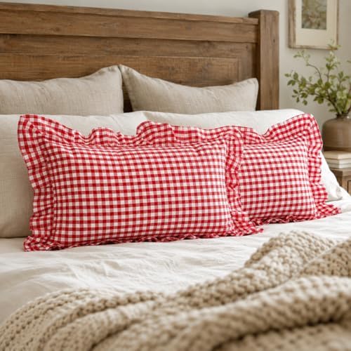 JoraLion Ruffled Throw Pillow Cover 12x20 Gingham Red - Image 2