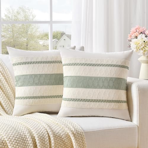 Fancy Homi Set of 2 Sage Green Boho Decorative Throw Pillow Covers 16x16 Inch by Fancy+Homi