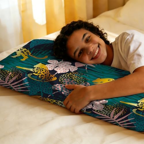 Body Pillow Cover with Zipper, Tropical Flowers Palm Leaves Jaguar Imitation - Image 7