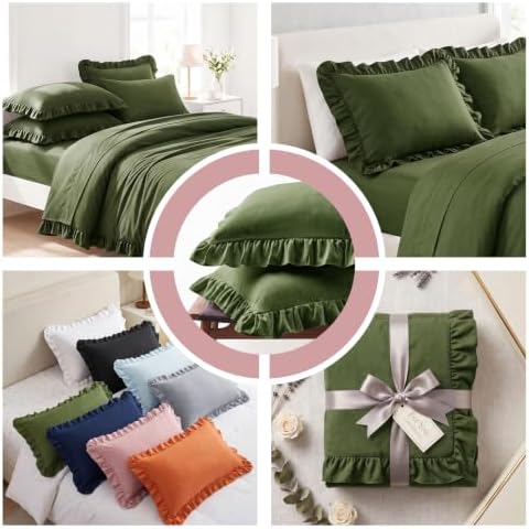 Set of 2 Microfiber Ruffle Pillow Cases Standard Size Olive Green - Image 4