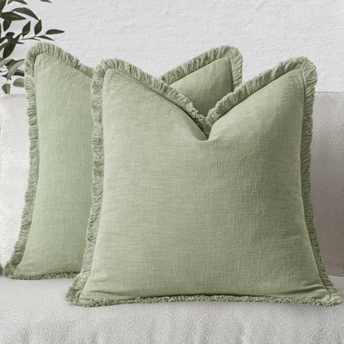 MIULEE Boho Linen Fringe Decorative Throw Pillow Covers Sage Green 18x18 by MIULEE