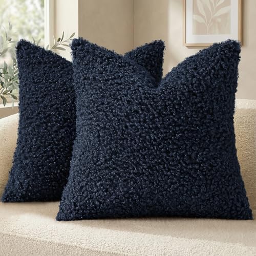 decorUhome Sherpa Decorative Throw Pillow Covers 26x26 Set of 2 Navy Blue by decorUhome