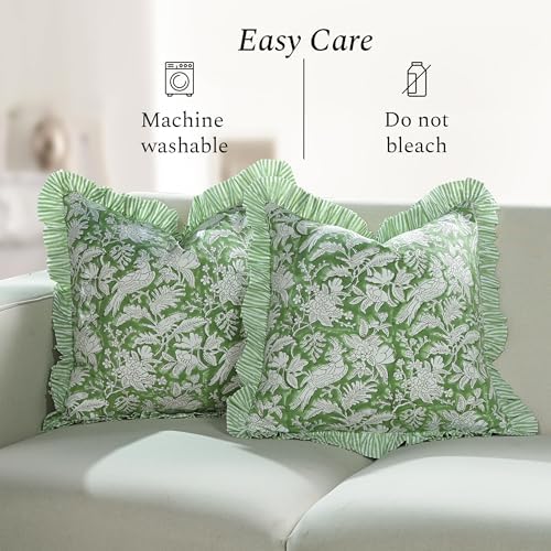 CPC Olive Green 100% Cotton Block Print Ruffle Pillow Cover 16X16 inch - Image 5