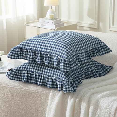 Silnuo Navy Blue/White Gingham Plaid Ruffle Throw Pillow Covers 18"x18" - Image 3