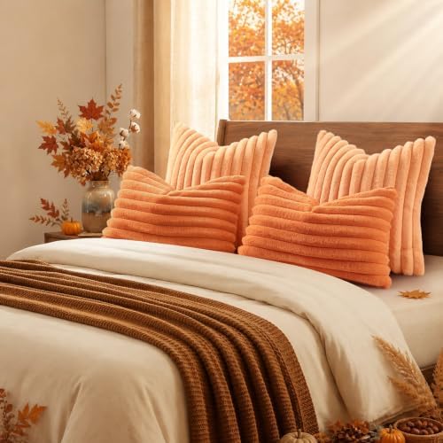 decorUhome Fall Faux Fur Throw Pillow Covers 24x24 Set of 2 Light Orange - Image 6