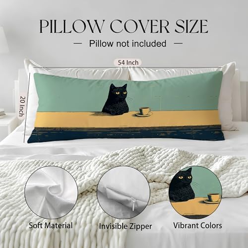 Black Cat 20x54 Body Pillow Cover, Aesthetic Black Cat Art Painting Long Body - Image 2