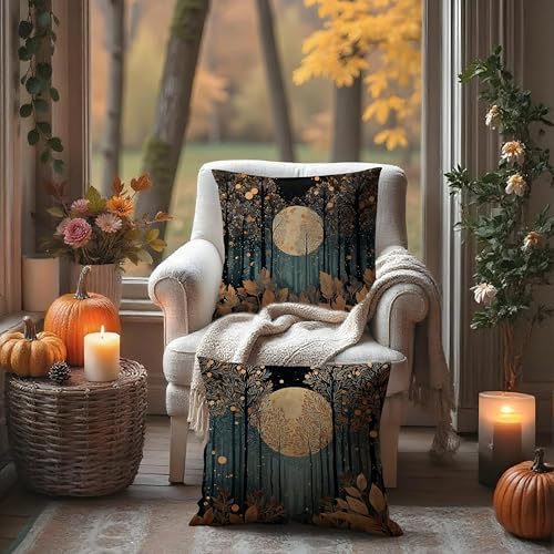 Vintage William Morris Inspired Gold Forest Moon Pillow Covers 18x18 Set of 2 - Image 3