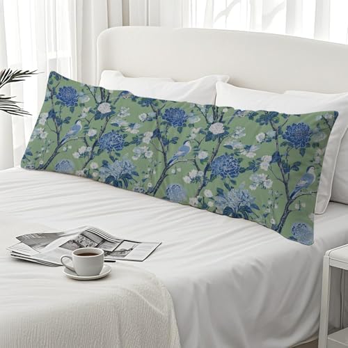 Blue and Green Chinoiserie Hydrangea Floral Bird 20x54 Body Pillow Cover - Image 7