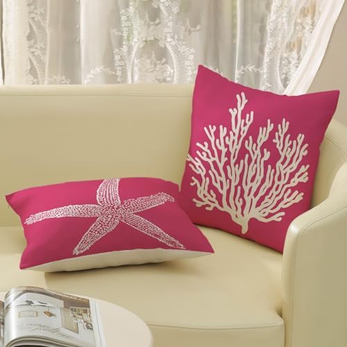Coastal Pillow Covers 18x18 Inch Set of 2 Hot Pink Coral Starfish Throw Pillows - Image 4