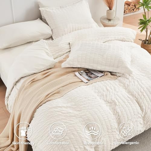 HYMOKEGE Ivory Oversized Queen Comforter Set Seersucker 7 Pieces, All Season - Image 3