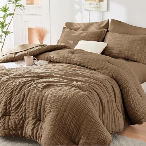 HYMOKEGE Brown Full Size Comforter Sets Seersucker 7 Pieces, All Season Luxury by HYMOKEGE