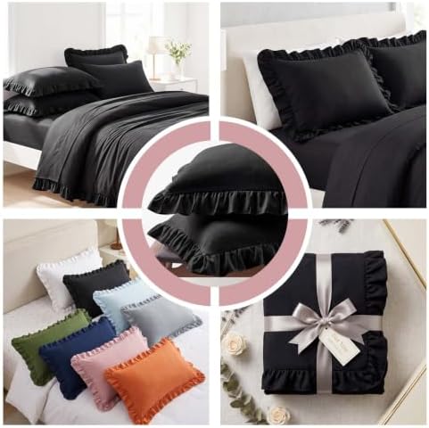 Set of 2 Brushed Microfiber Ruffle Pillow Cases Standard Size Black - Image 4