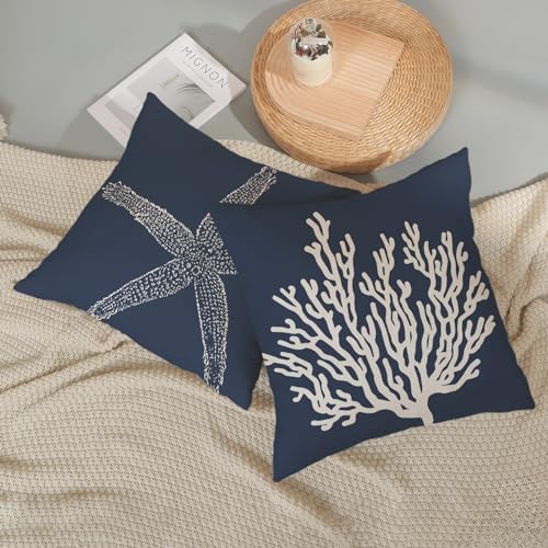 Navy Blue Coral Starfish Pillow Covers 20x20 Inch Set of 2 Coastal Throw - Image 5