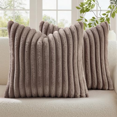 decorUhome Fall Faux Fur Throw Pillow Covers 24x24 Set of 2 Light Coffee by decorUhome