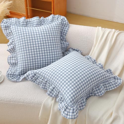 Dusty Blue Gingham Throw Pillow Covers 18x18, Ruffle Trim - Image 2