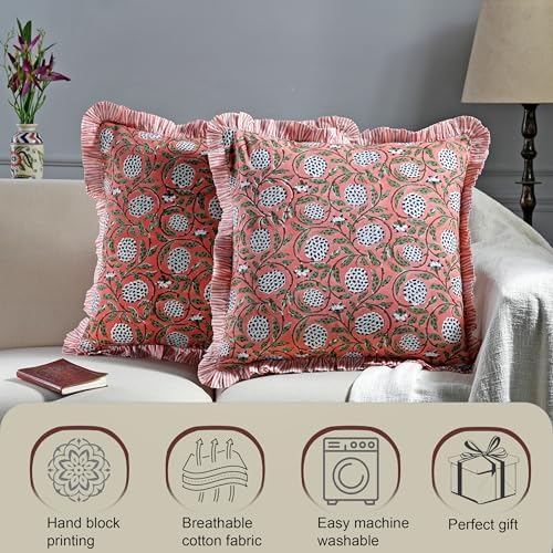 Ridhi Dark Salmon Pink Block Print Ruffle Pillow Covers 24x24 Inch Set of 2 - Image 5