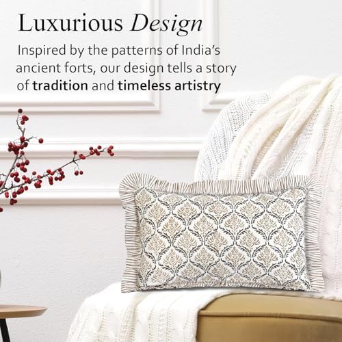 CPC Block Print Sandstone Regal Ruffle Cotton Lumbar Pillow Cover 12x20 inch - Image 5