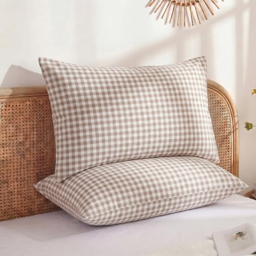 Merryword 100% Cotton Pillow Cases, King Size, Taupe Gingham Pillowcases - Image 2