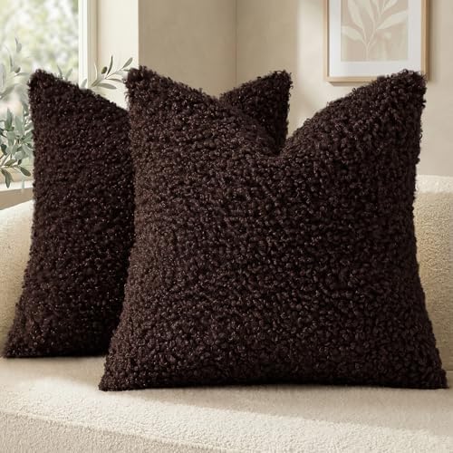 decorUhome Sherpa Decorative Throw Pillow Covers 18x18 Set of 2 Chocolate by decorUhome