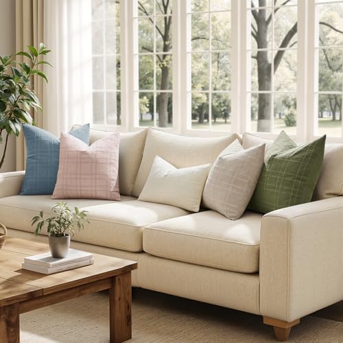 MIULEE Linen Plaid Pillow Covers Decorative Euro 24x24 Light Pink - Image 4